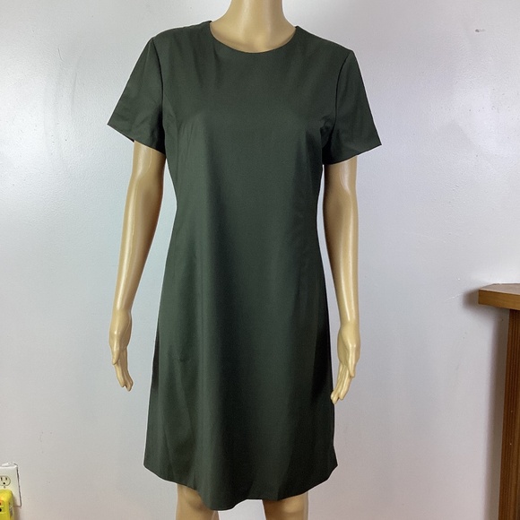 Theory Olive Green Jatinn Continuous Wool Blend Shift Dress Short Sleeve 10 - Picture 1 of 5